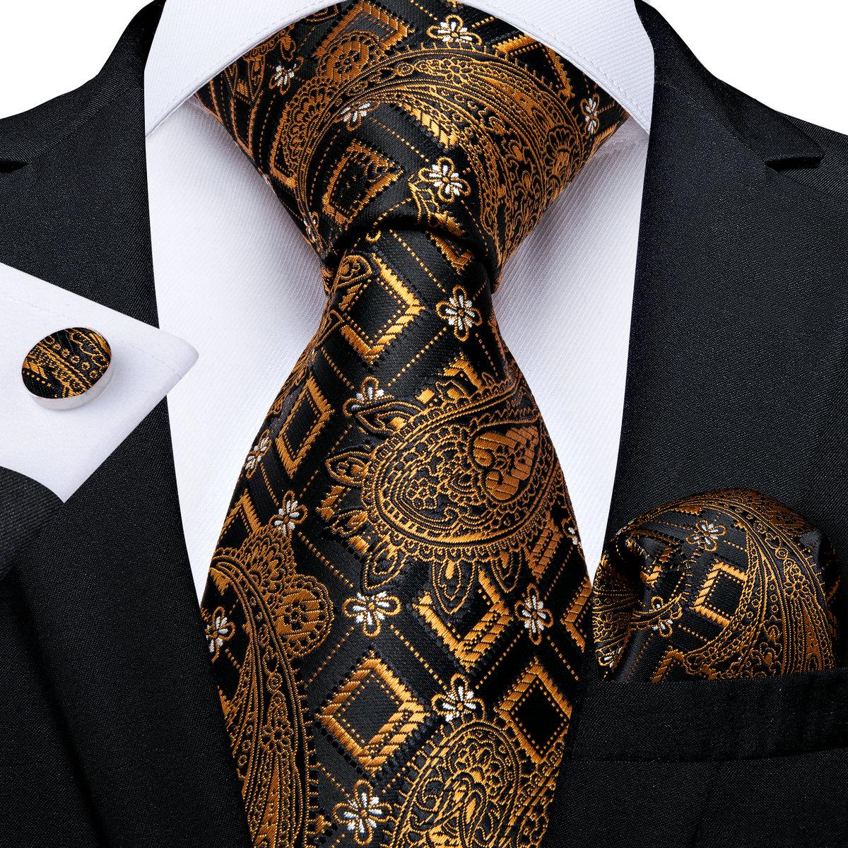 Krawatten-Set für Herren, goldfarben, schwarz, Paisley-gestreift, Seidenkrawatte, Einstecktuch, Manschettenknöpfe-Set für Business N-7298 von Joom DACH