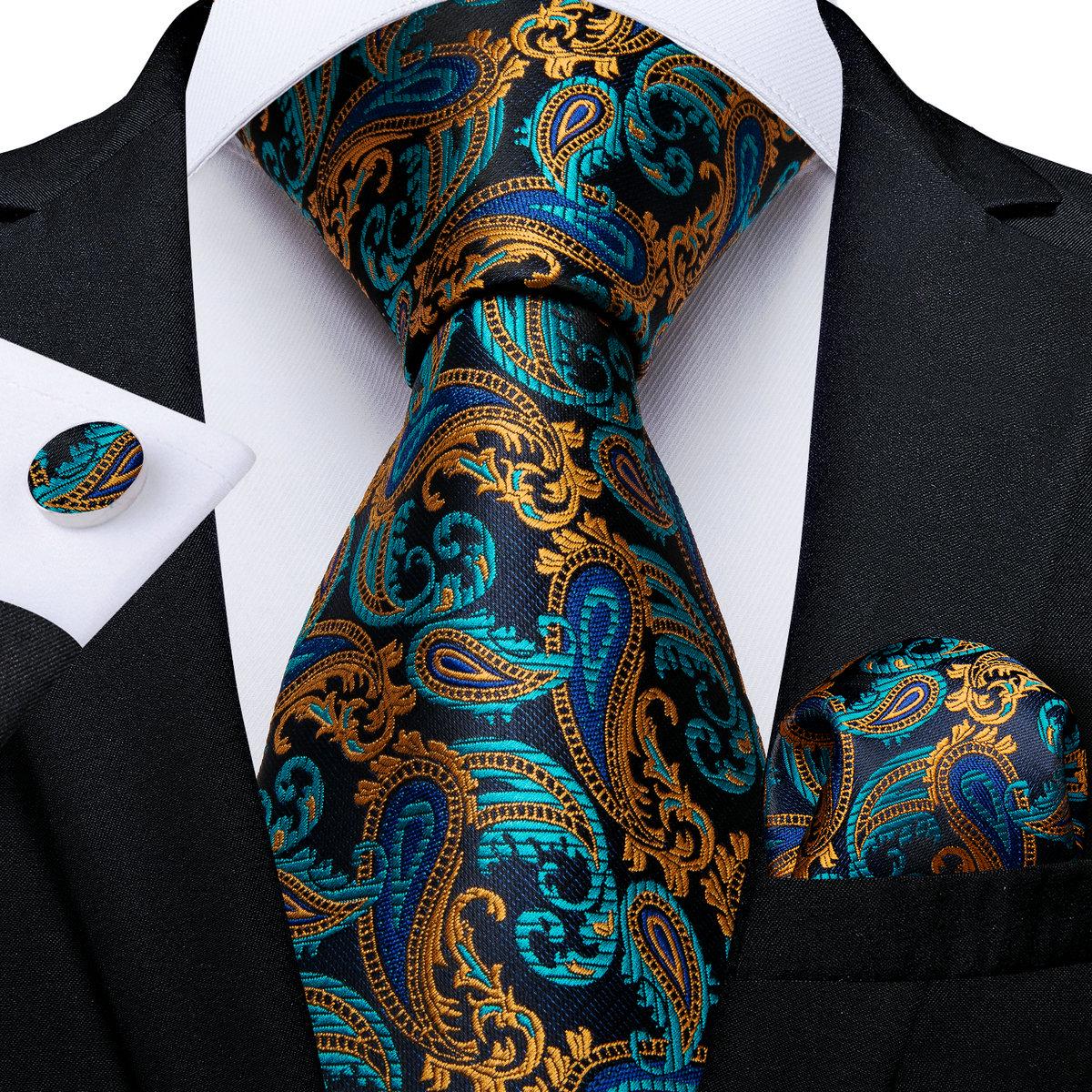 Krawatten-Set für Herren, goldfarben, schwarz, Paisley-gestreift, Seidenkrawatte, Einstecktuch, Manschettenknöpfe-Set für Business N-7308 von Joom DACH