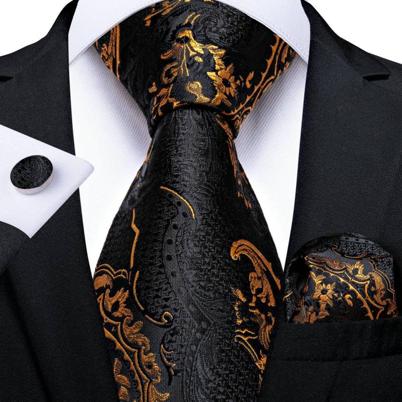 Krawatten-Set für Herren, goldfarben, schwarz, Paisley-gestreift, Seidenkrawatte, Einstecktuch, Manschettenknöpfe-Set für Business N-7313 von Joom DACH