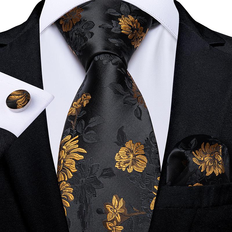 Krawatten-Set für Herren, goldfarben, schwarz, Paisley-gestreift, Seidenkrawatte, Einstecktuch, Manschettenknöpfe-Set für Business N-7418 von Joom DACH