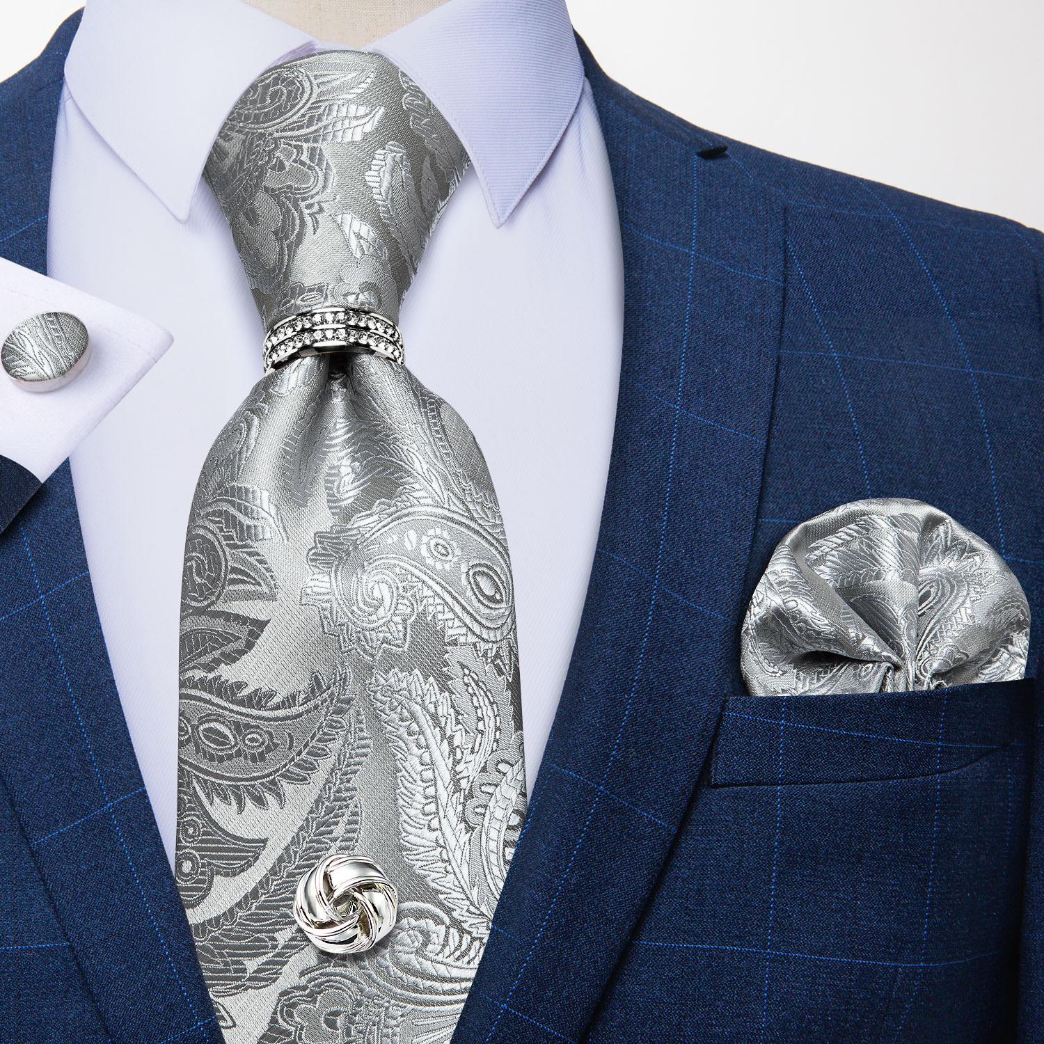 Krawatten für Herren, silberfarben, gestreift, Legierungsring, Seidenkrawatte mit Krawattennadeln, formelle Herrenaccessoires N-7185 von Joom DACH