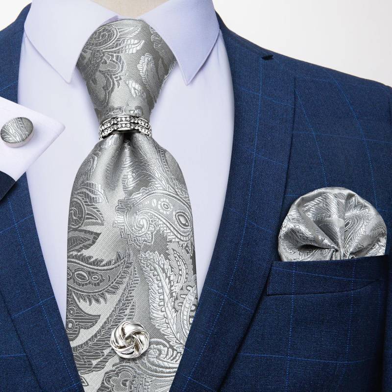 Krawatten für Herren, silberfarben, gestreift, Legierungsring, Seidenkrawatte mit Krawattennadeln, formelle Herrenaccessoires N-7185 von Joom DACH