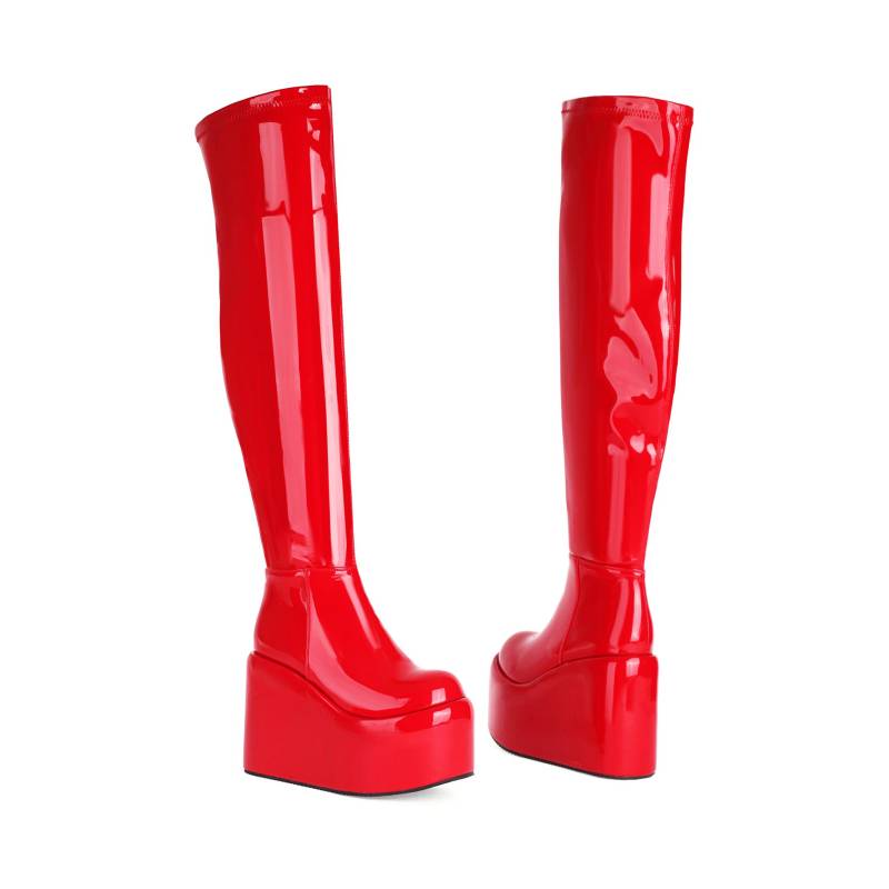Krazing Pot PU-Leder Frühling Winter Warm halten Schuhe Super High Heels Wasserdichte Keile Stretch Stiefel Reißverschluss Damen Overknee-Stiefel 36 rot von Joom DACH