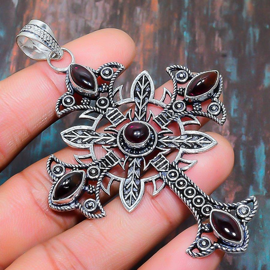 Kreuz-Hessonit-Granat-Edelstein, handgefertigter 925er-Sterlingsilber-Hochzeitsschmuck-Anhänger 3.35 Inches rot von Joom DACH