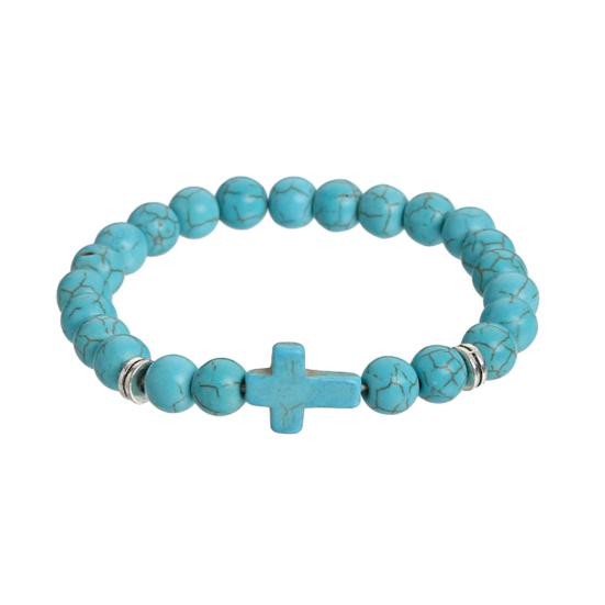 Kreuzarmband für Männer Frauen Steinperlen Kreuzarmband Elastisches Stein Religiöses Armband blau von Joom DACH