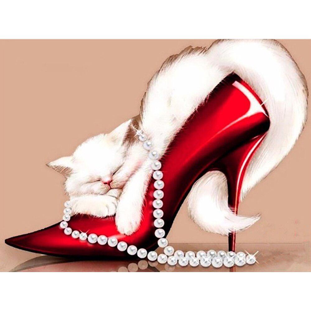 Kreuzstich-Set, DIY-Diamant-Stickerei, High-Heel und Katze, rund, Diamant-Gemälde, Mosaik, Heimdekoration 20X30CM von Joom DACH