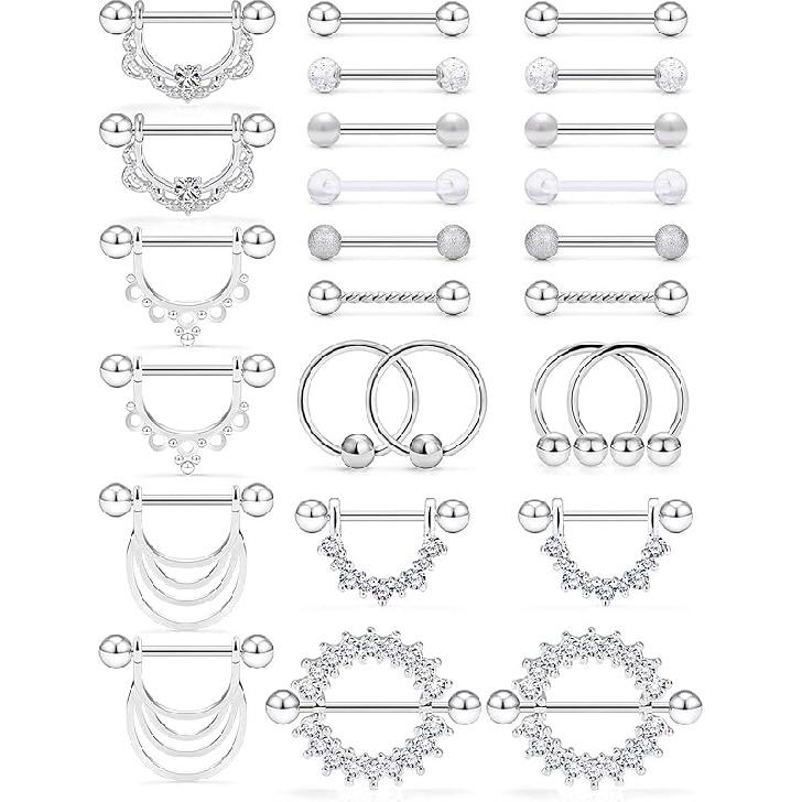 Kridzisw 14G Brustwarzen-Zungenring, 6 Paar, chirurgischer Stahl, Brustwarzenzange, Schutzring, Barbell-Ring, Piercing, Körperschmuck, CZ, rund, für Damen und Mädchen, Metall 13 Double Silver von Joom DACH