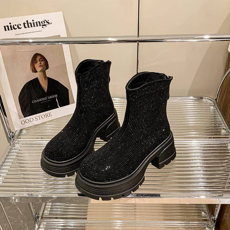 Kristall-Plateau Damen Stiefeletten Luxus High Heels Schuhe Frau Marke Designer Winter 2025 Trend Gemütlich Klobig Reißverschluss Botas Mujer 40 schwarz von Joom DACH