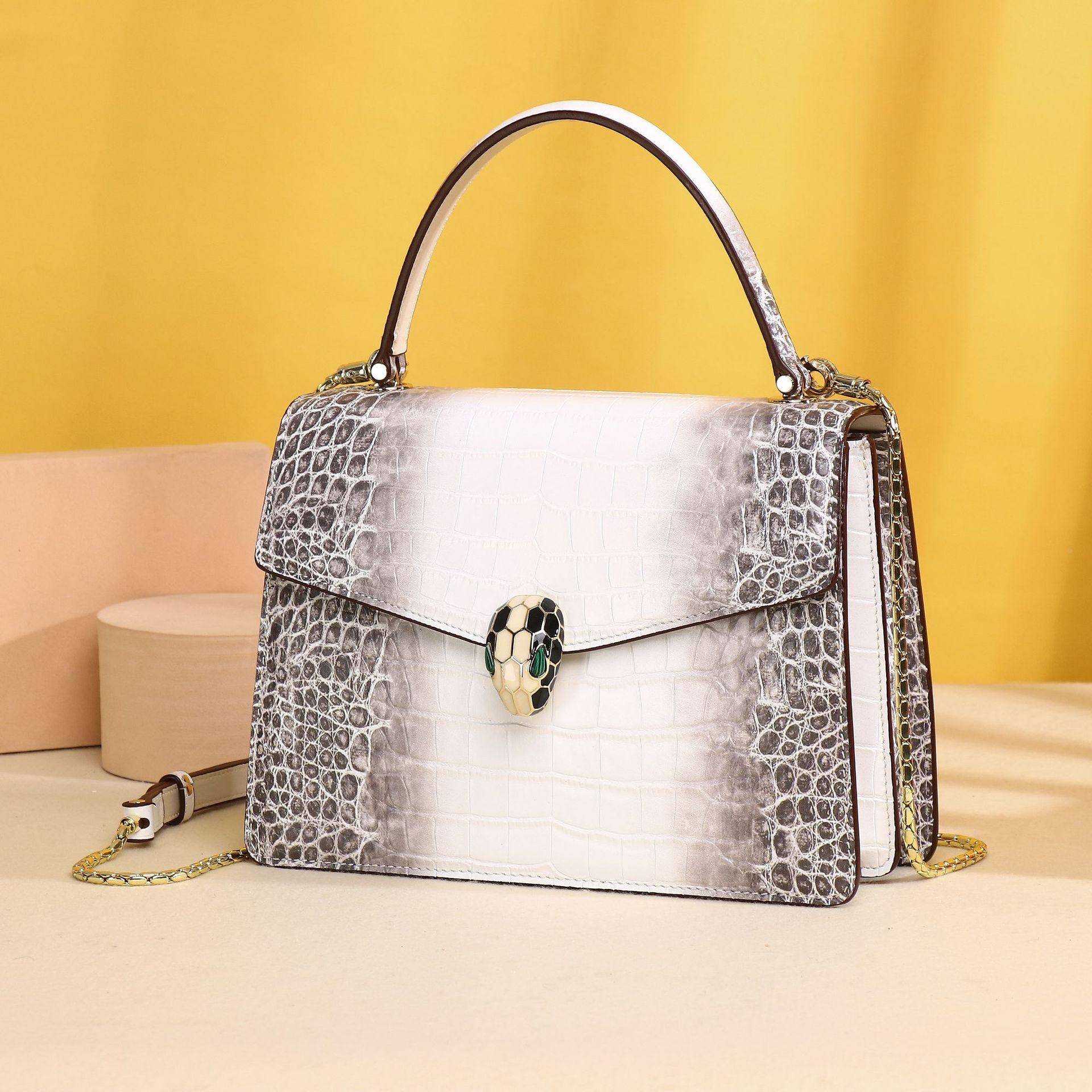 Krokodilbauchmuster Damen Ein-Schulter Umhängetasche, Modische Damenhandtasche, Schlangenkopf Damenhandtasche, Weiße Lederhandtasche von Joom DACH