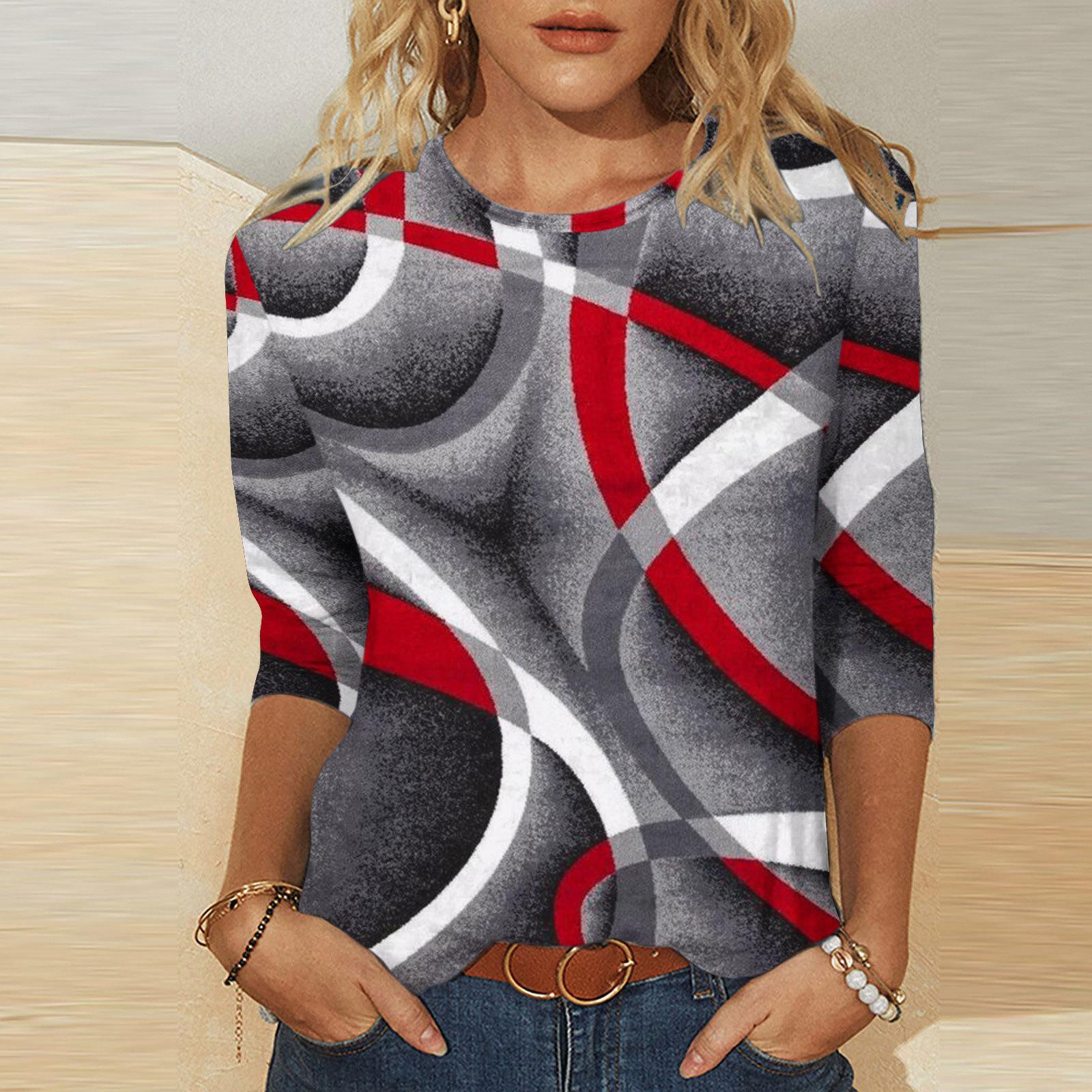 Künstlerisches Geometrisches Muster Bedrucktes Oberteil Modische Kontrastfarbe Personalisiertes Rundhals Langarm Damen T-Shirts XL von Joom DACH