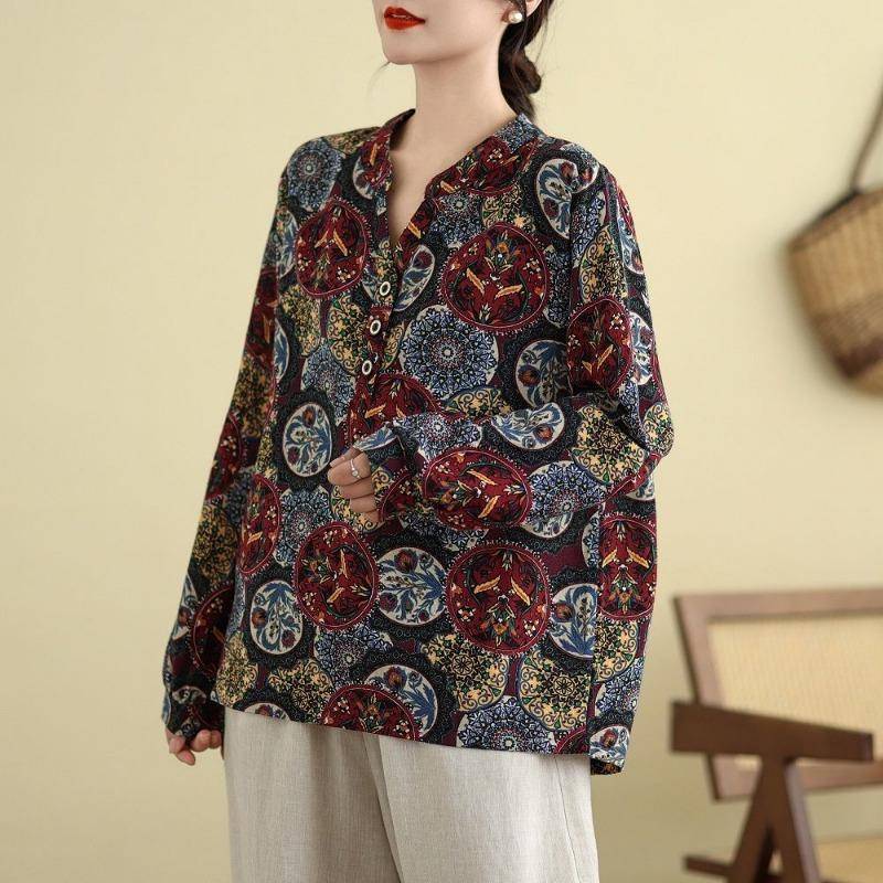 Künstlerisches Retro-T-Shirt aus Baumwolle und Leinen im chinesischen Stil mit langen Ärmeln für Damen im Frühling und Herbst 3XL rot von Joom DACH