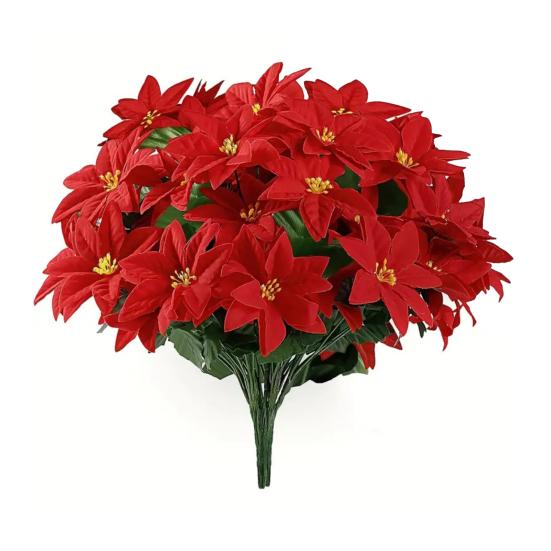 Künstlicher Weihnachtsstern-Strauß mit grünen Blättern 4 Gabel UV-beständig Kunstseidenblume Heimtisch Mittelstück Innen Außen Faux Blüte Dekoration von Joom DACH