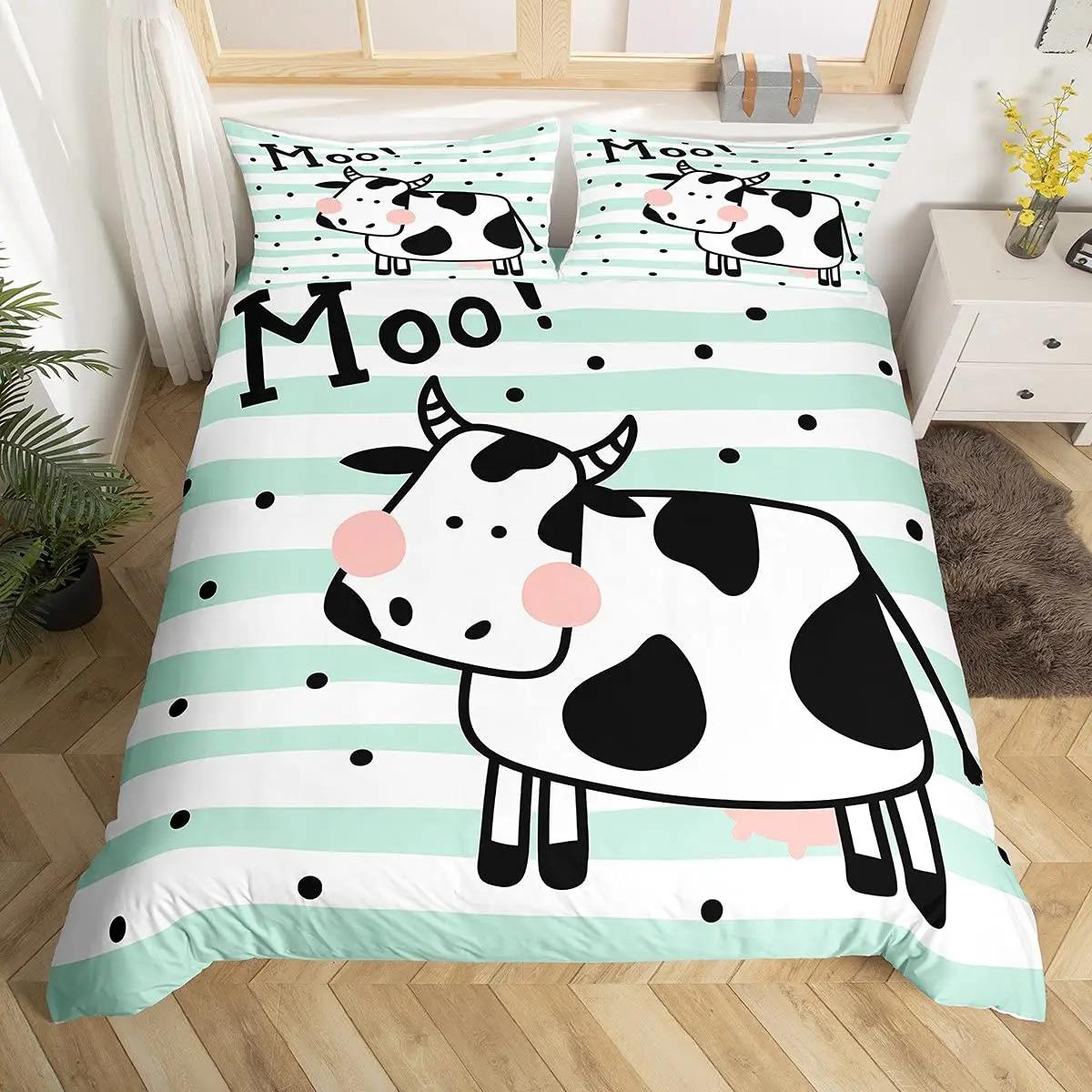 Kuhdruck Bettbezug Set Tier Kuh Doodle Cartoon Zeichnung Landwirtschaft Tierhaltung Polyester Bettbezug Set Doppel Queen King Size EU single(135x200cm) von Joom DACH