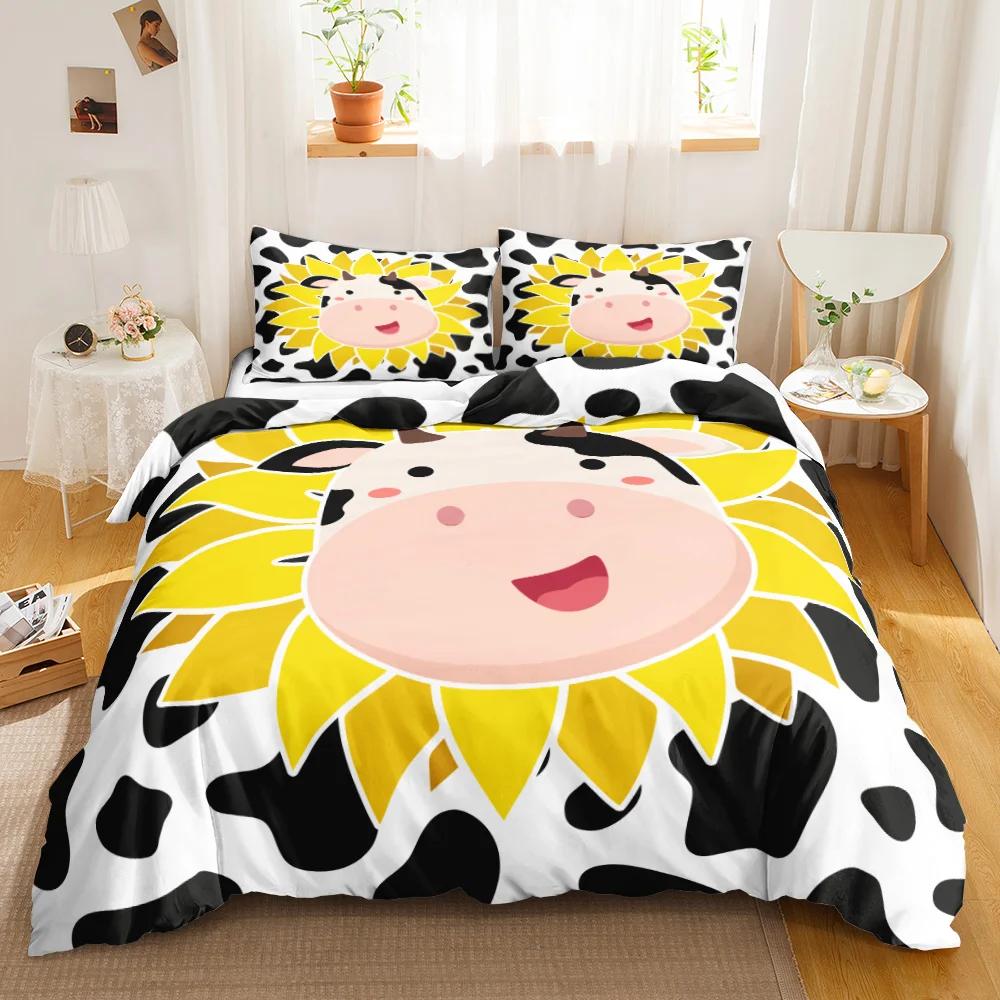 Kuhdruck Bettbezug Tier Kuh Doodle Cartoon Zeichnung Landwirtschaft Tierhaltung Sonnenblume Polyester Bettwäscheset Einzelbett Queen-Size King-Size EU single(135x200cm) von Joom DACH