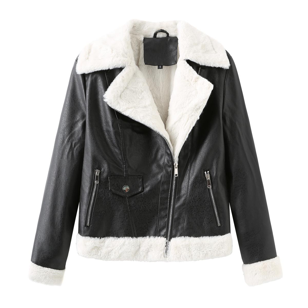 Kunstlederjacke für Damen, mit Fleece gefüttert, warm, lange Ärmel, schmale Passform, Kurzmantel, stilvoller, verkürzter Reverskragen, Bomberjacke, lässige Oberbekleidung in Schwarz 3XL schwarz von Joom DACH