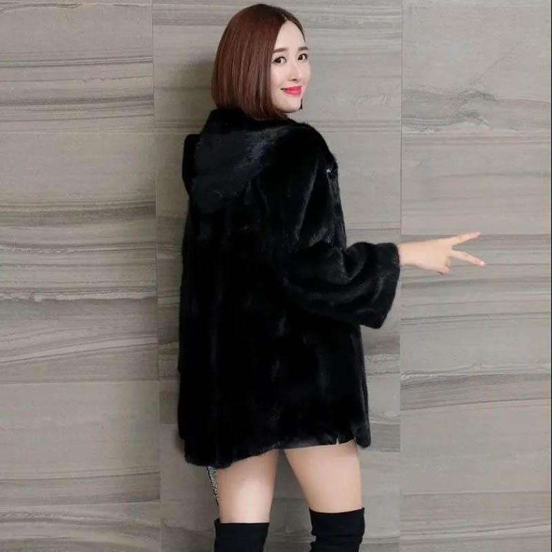Kunstnerzmantel für Damen, mittellang, für Herbst und Winter, dicker Pelzmantel mit Kapuze in Übergröße. Frauen sind dünn XXXL schwarz von Joom DACH