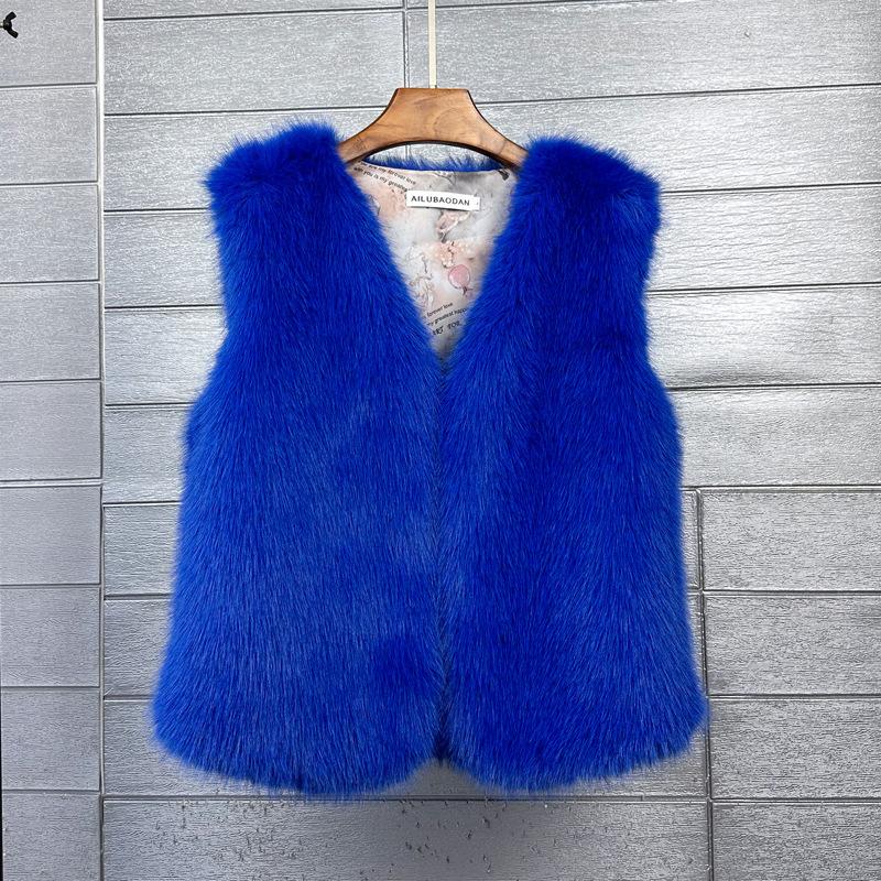 Kunstpelzweste für Damen, kurz, ärmellos, warm, pelzige Winterjacke, temperamentvoll, vielseitig, Bonbonfarbe, offene Vorderseite L königsblau von Joom DACH