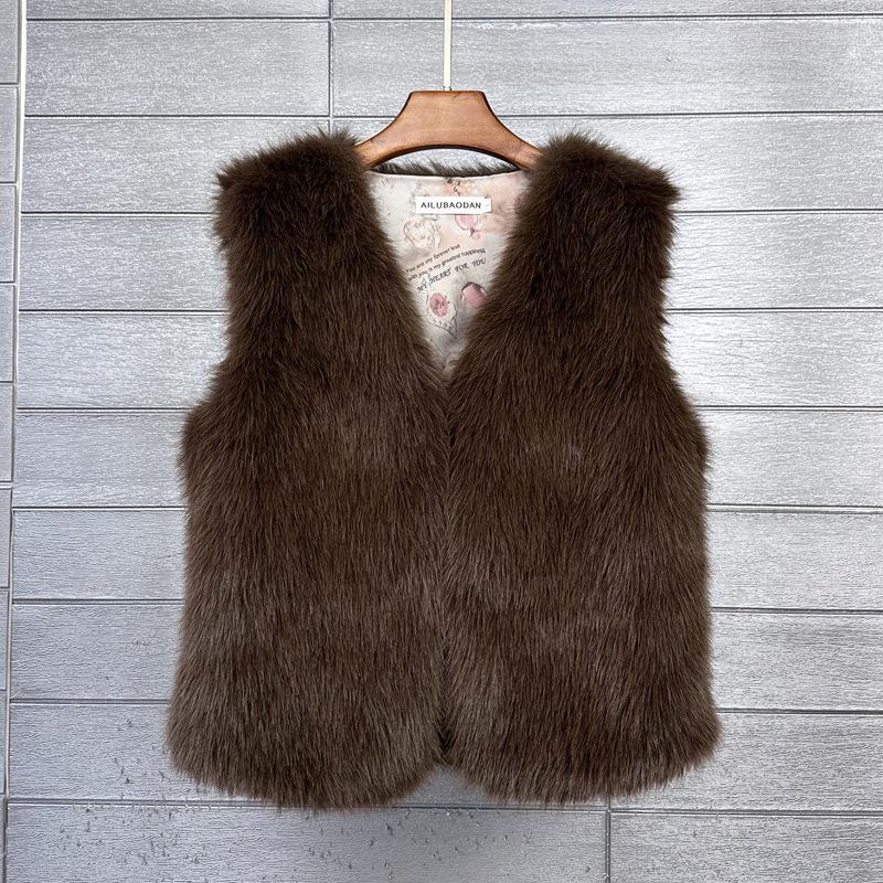 Kunstpelzweste für Damen, kurz, ärmellos, warm, pelzige Winterjacke, temperamentvoll, vielseitig, Bonbonfarbe, offene Vorderseite L kaffeebraun von Joom DACH