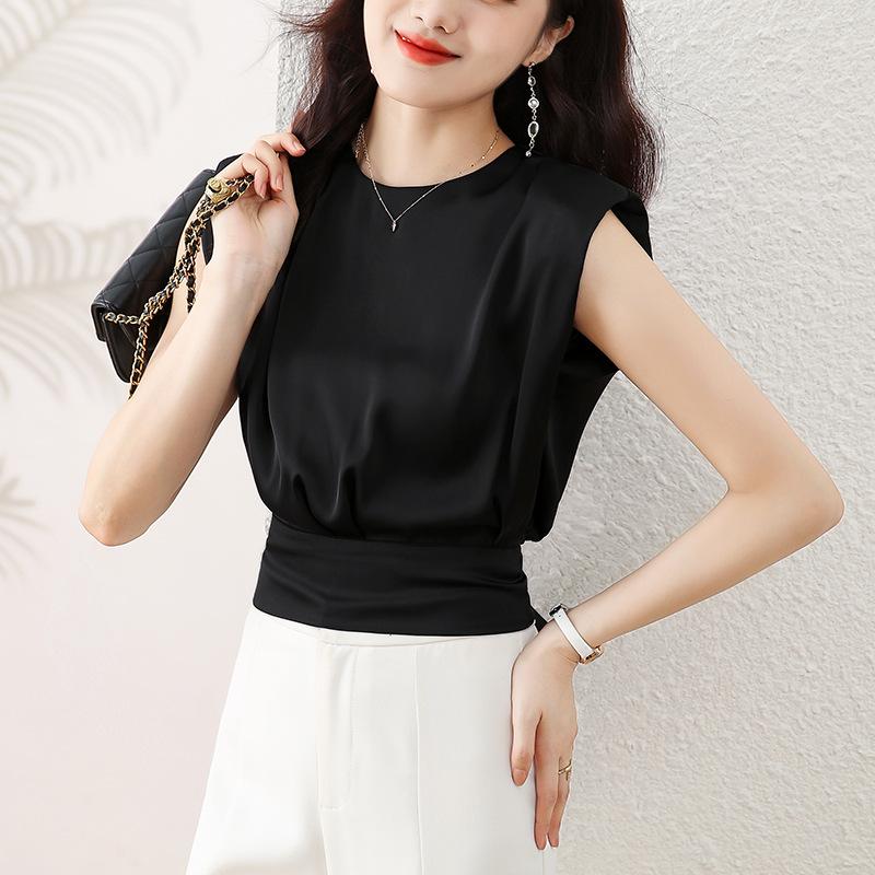 Kurzärmeliges T-Shirt für Damen Im Sommer Neu Träger und Taille Kurzes Top Ärmelloses Satinhemd 2XL schwarz von Joom DACH