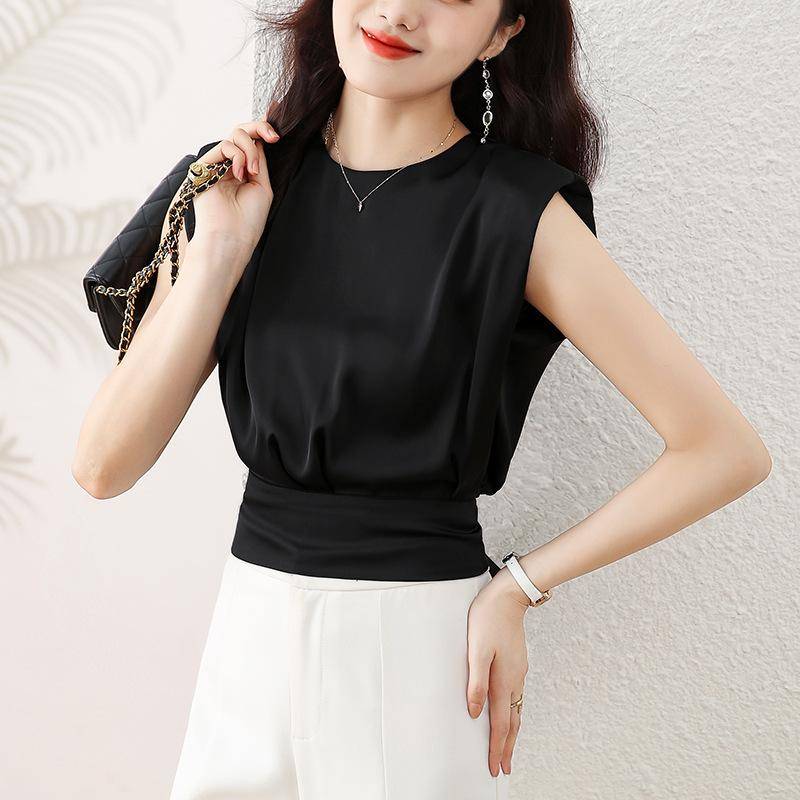 Kurzärmeliges T-Shirt für Damen Im Sommer Neu Träger und Taille Kurzes Top Ärmelloses Satinhemd 2XL schwarz von Joom DACH