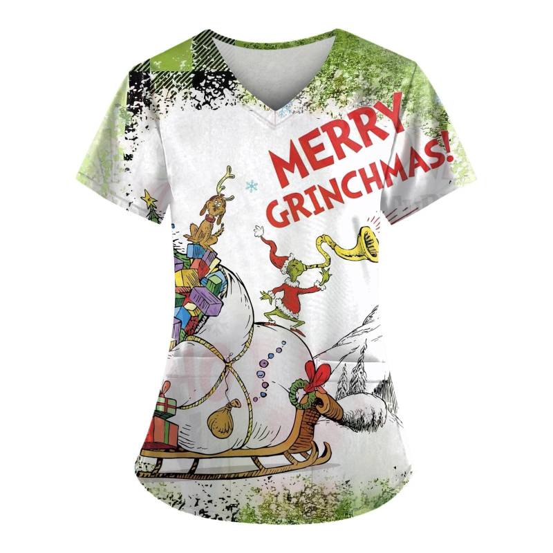 Kurzärmliges Oberteil mit Kreuz-Defolierung-Print und V-Ausschnitt, Print und Tasche für Damen XXL von Joom DACH