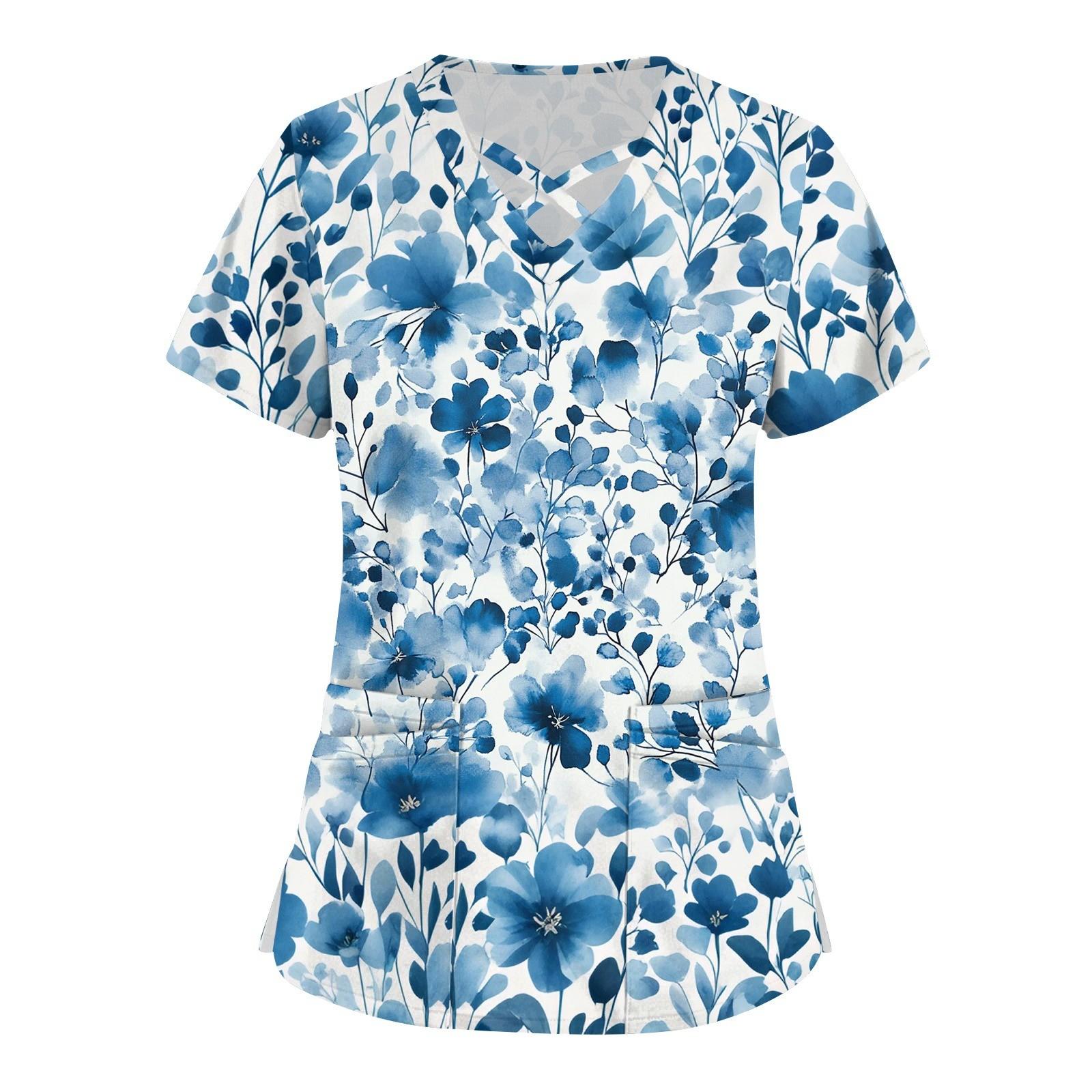 Kurzärmliges Stilltop für Damen mit V-Ausschnitt, Aufdruck und Tasche XL blau von Joom DACH