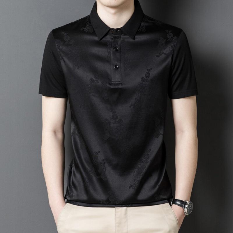 Kurzärmliges T-Shirt aus Maulbeerseide für Männer mittleren Alters, lässiges Poloshirt aus Seide mit Revers, dünnes, trendiges Oberteil aus Eisseide mit halben Ärmeln 3XL von Joom DACH
