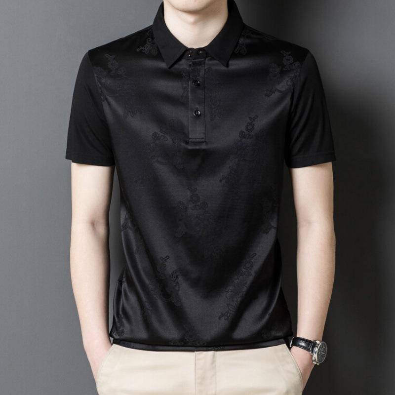 Kurzärmliges T-Shirt aus Maulbeerseide für Männer mittleren Alters, lässiges Poloshirt aus Seide mit Revers, dünnes, trendiges Oberteil aus Eisseide mit halben Ärmeln 3XL von Joom DACH