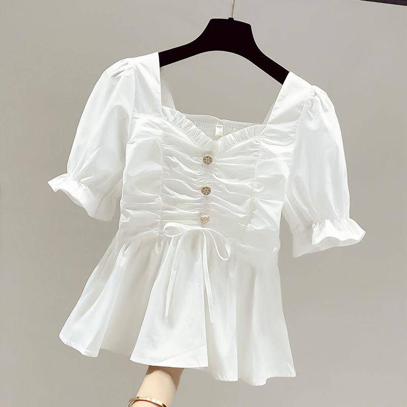 Kurzarm Chiffon Weißes Hemd Falten Design Damen Bluse Slim Dünn Raffung Rücken Kurzarm Top Süß Schlicht Lässig Büro Dame S weiß von Joom DACH