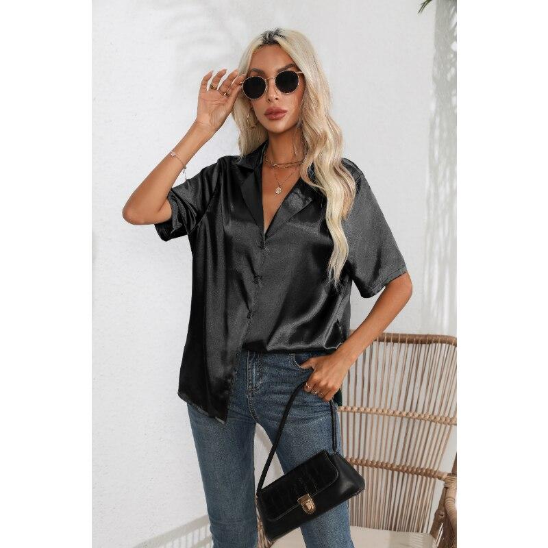 Kurzarm Hemd Sommer Solide Satin Seide Hemd Button Up Bluse Lose Büro Damen Tops Blusas Casual Shirts Elegante 26107 S von Joom DACH