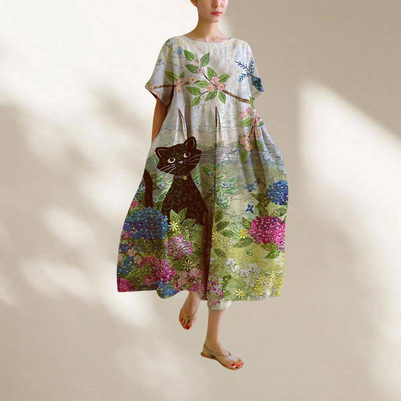 Kurzarm Plus Size Baumwolle Vintage Blumenmuster Neu in Kleidern für Damen lässig locker langes Sommerkleid XL von Joom DACH