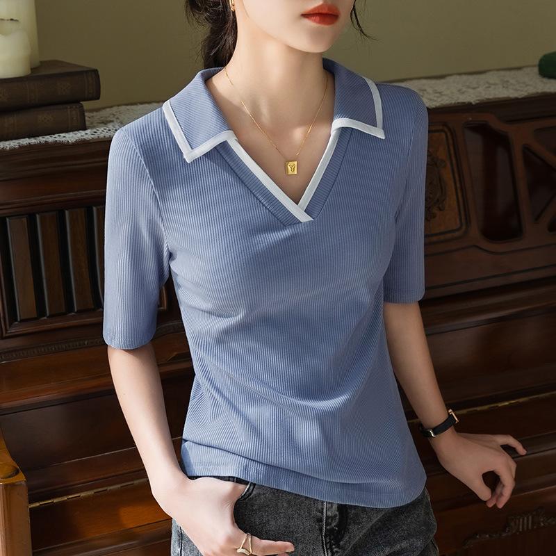 Kurzarm-T-Shirt für Damen im Sommer im neuen Stil, kontrastfarbenes Polo-Kragen-T-Shirt mit halblangen Ärmeln, Temperament und taillenbetontem Oberteil für Damen 3XL von Joom DACH