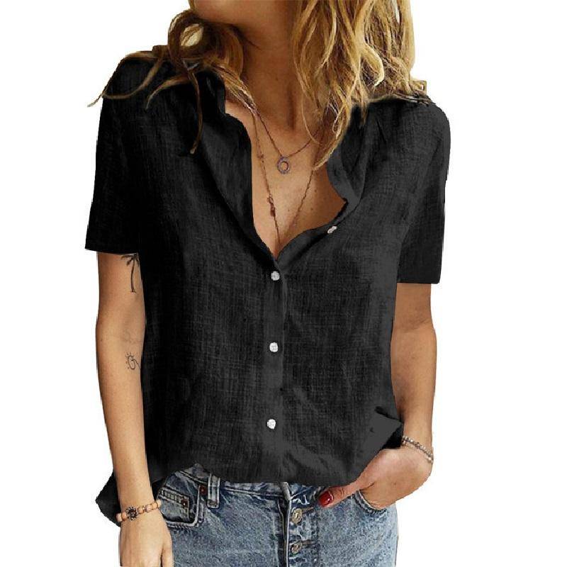 Kurzarmblusen aus Baumwolle, einfarbig, Umlegekragen, Knopfleiste, Sommerhemd für Damen, weiße Oberteile L schwarz von Joom DACH
