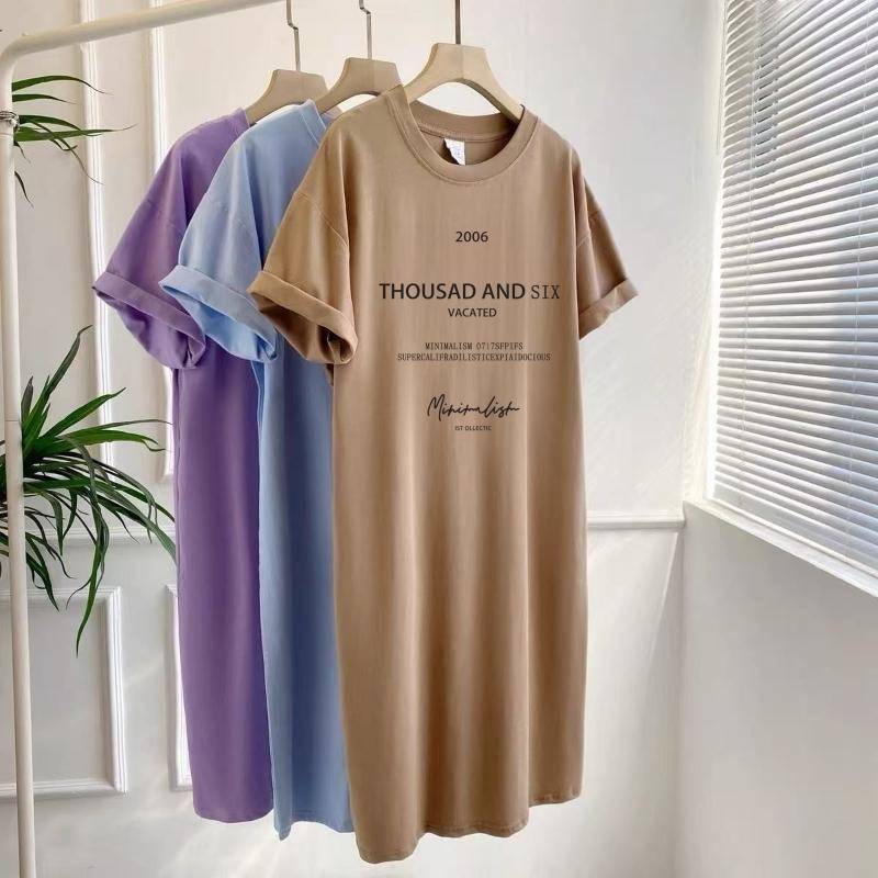 Kurzarmkleider Damen Sommer Große Größen Mittellanges T-Shirt Kleid Knielanges lässiges langes Kleid 3XL khaki von Joom DACH