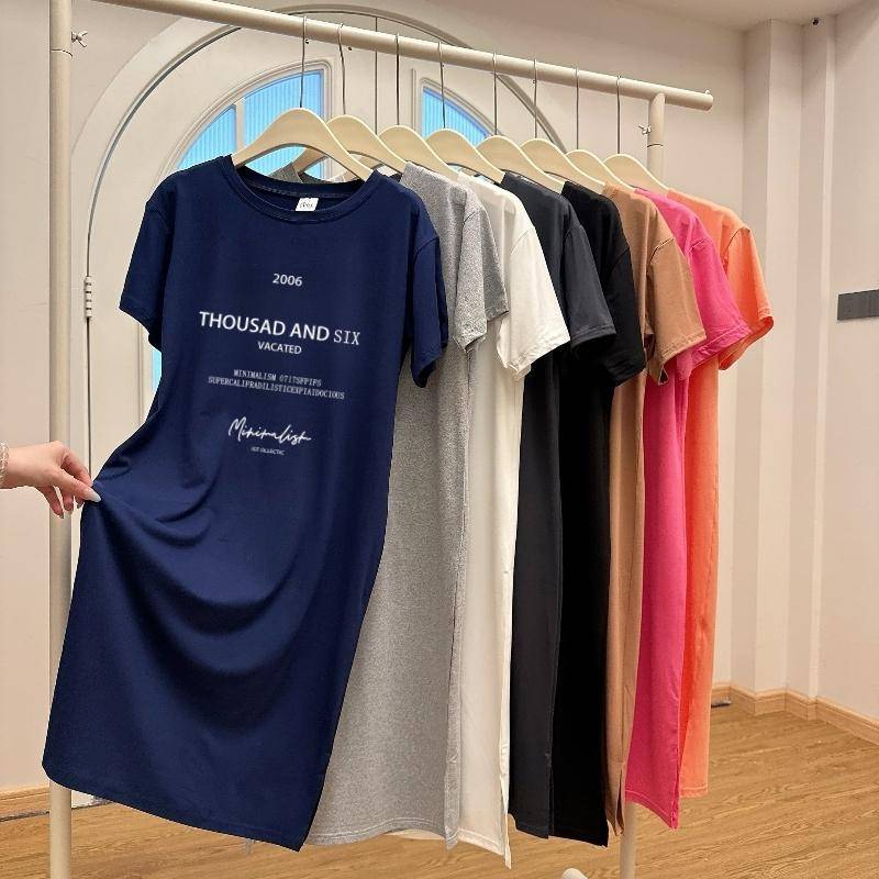 Kurzarmkleider Damen Sommer Große Größen Mittellanges T-Shirt Kleid Knielanges lässiges langes Kleid 3XL dunkelblau von Joom DACH