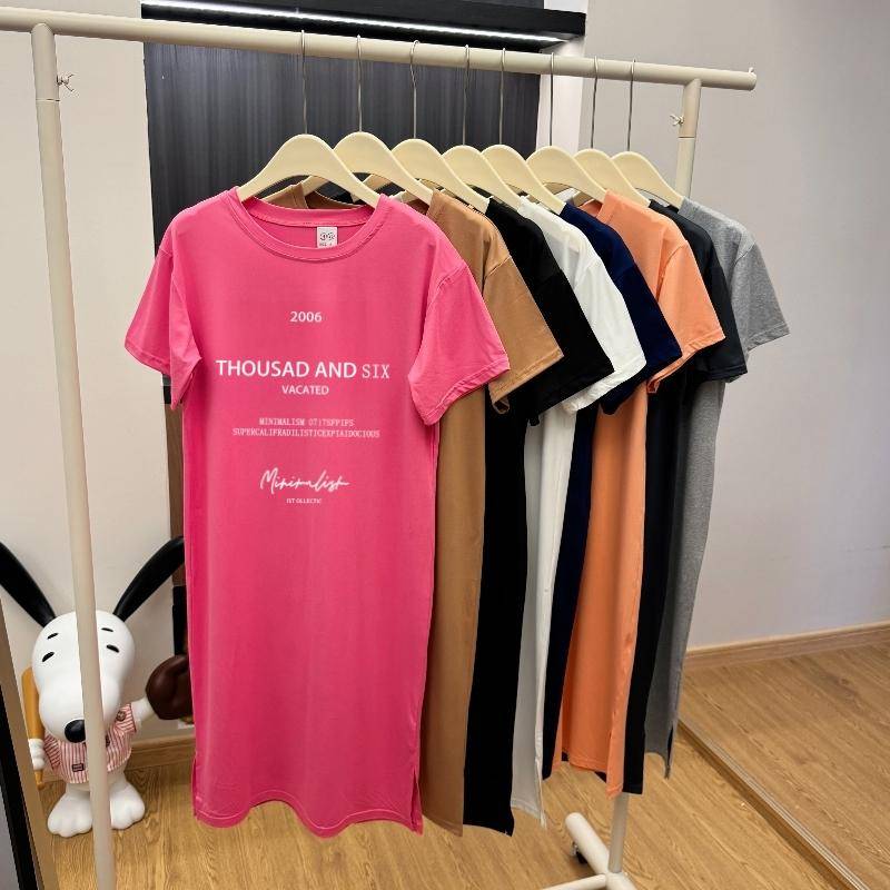 Kurzarmkleider Damen Sommer Große Größen Mittellanges T-Shirt Kleid Knielanges lässiges langes Kleid 3XL rose rot von Joom DACH
