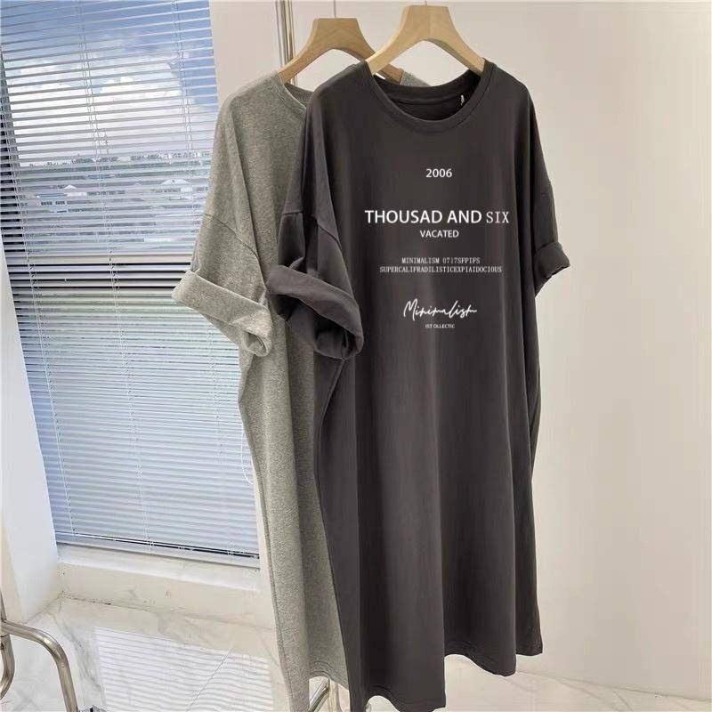 Kurzarmkleider Damen Sommer Große Größen Mittellanges T-Shirt Kleid Knielanges lässiges langes Kleid 4XL dunkelgraue von Joom DACH