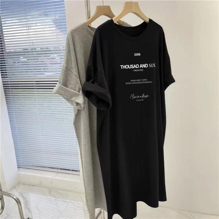 Kurzarmkleider Damen Sommer Große Größen Mittellanges T-Shirt Kleid Knielanges lässiges langes Kleid 4XL schwarz von Joom DACH