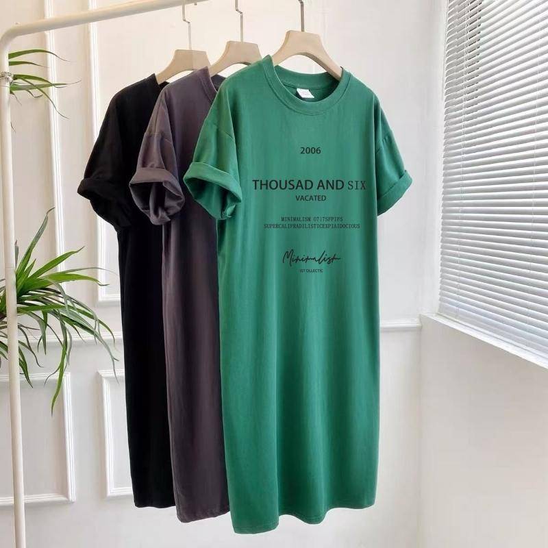 Kurzarmkleider Damen Sommer Große Größen Mittellanges T-Shirt Kleid Knielanges lässiges langes Kleid 4XL grün von Joom DACH