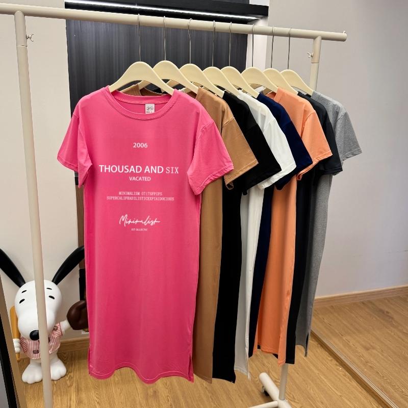 Kurzarmkleider Damen Sommer Große Größen Mittellanges T-Shirt Kleid Knielanges lässiges langes Kleid XL rose rot von Joom DACH