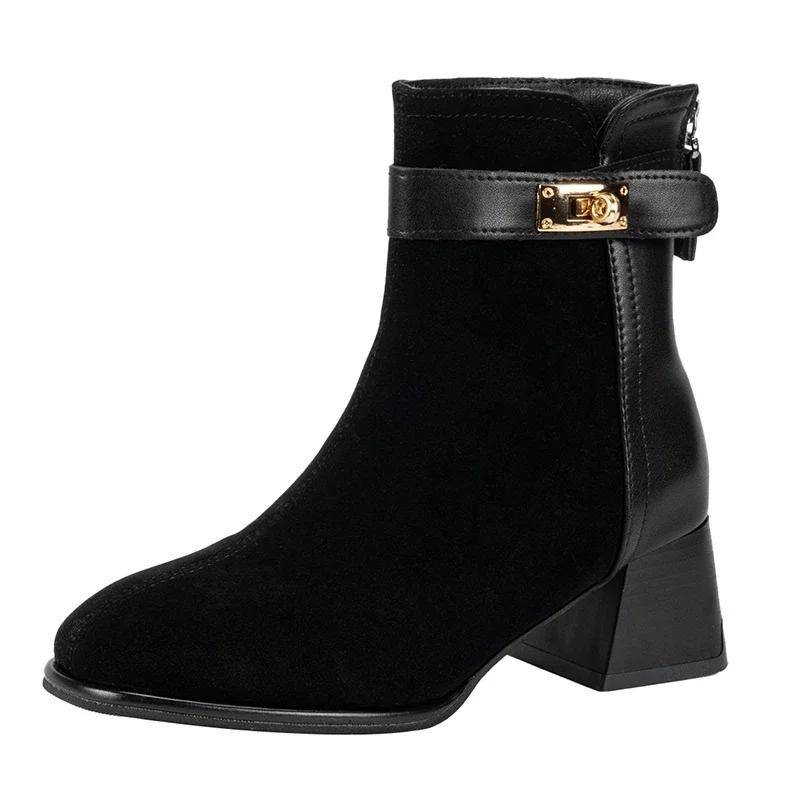 Kurze Stiefel für Damen im Herbst und Winter, mit quadratischem Kopf und dickem Absatz, Wildledereinsatz, Reißverschluss auf der Rückseite, dickem Absatz, hohem Absatz und schmalen Stiefeln 37 schwarz von Joom DACH