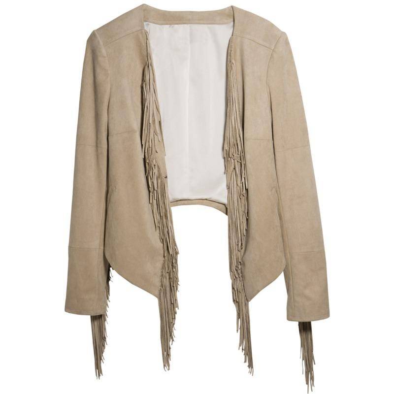 Kurze Wildlederjacke mit Fransen Punkjacke für Damen M beige von Joom DACH