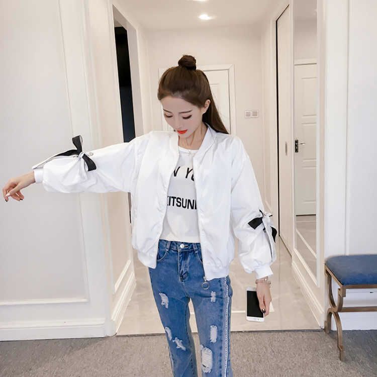 Kurzer dünner Mantel mit Schleife und Manschetten, lockere Baseballjacke für Damen im Frühling und Sommer, einfarbige Windjacke XL weiß von Joom DACH