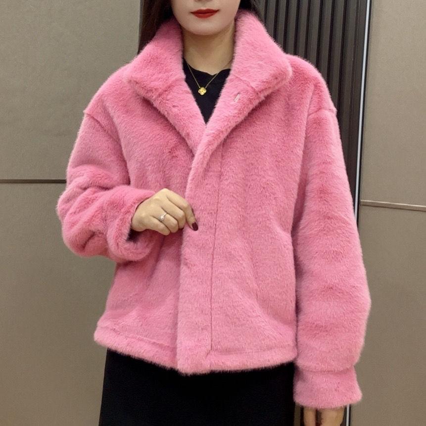 Kurzer modischer Pelzmantel mit Stehkragen und Leopardenmuster für Damen im Winter, warm und locker L (120-70 kg) rosa von Joom DACH