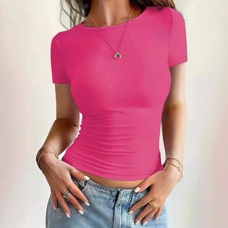 Kurzes, schmales T-Shirt mit Rundhalsausschnitt und kurzen Ärmeln für Damen L rose rot Kurzes, schmales T-Shirt mit Rundhalsausschnitt und kurzen Ärmeln für Damen L rose rot von Joom DACH