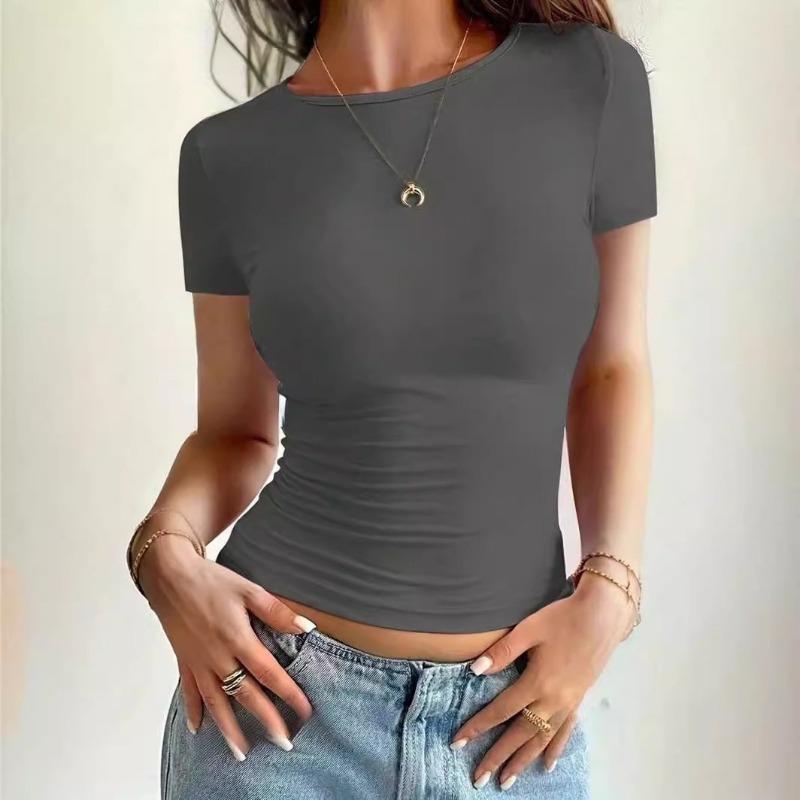 Kurzes, schmales T-Shirt mit Rundhalsausschnitt und kurzen Ärmeln für Damen M dunkelgraue Kurzes, schmales T-Shirt mit Rundhalsausschnitt und kurzen Ärmeln für Damen M dunkelgraue von Joom DACH