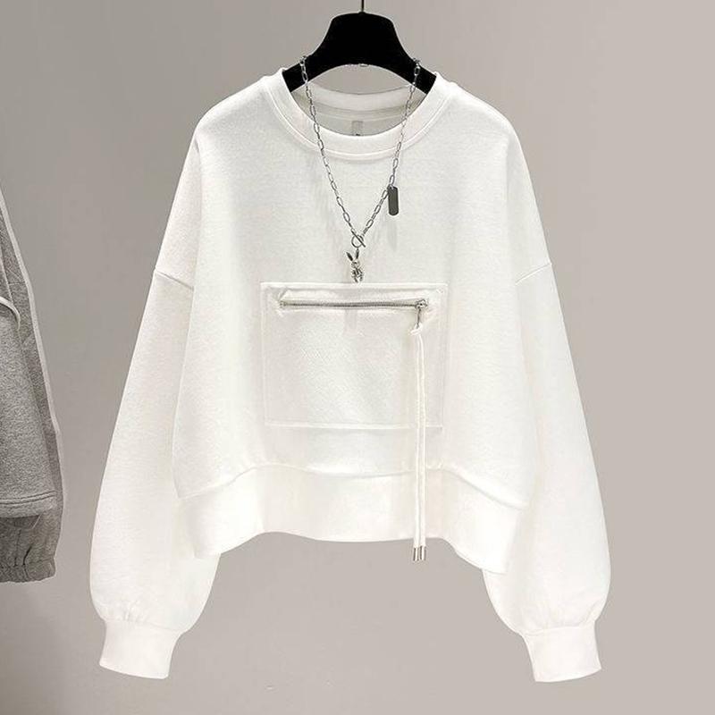 Kurzes Rundhals-Sweatshirt für Damen mit lockerem Reißverschluss und Taschenpullover und langen Ärmeln S weiß Kurzes Rundhals-Sweatshirt für Damen mit lockerem Reißverschluss und Taschenpullover und langen Ärmeln S weiß von Joom DACH