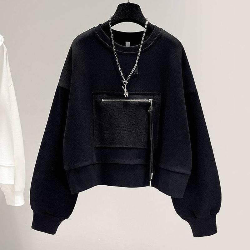 Kurzes Rundhals-Sweatshirt für Damen mit lockerem Reißverschluss und Taschenpullover und langen Ärmeln XXL schwarz von Joom DACH