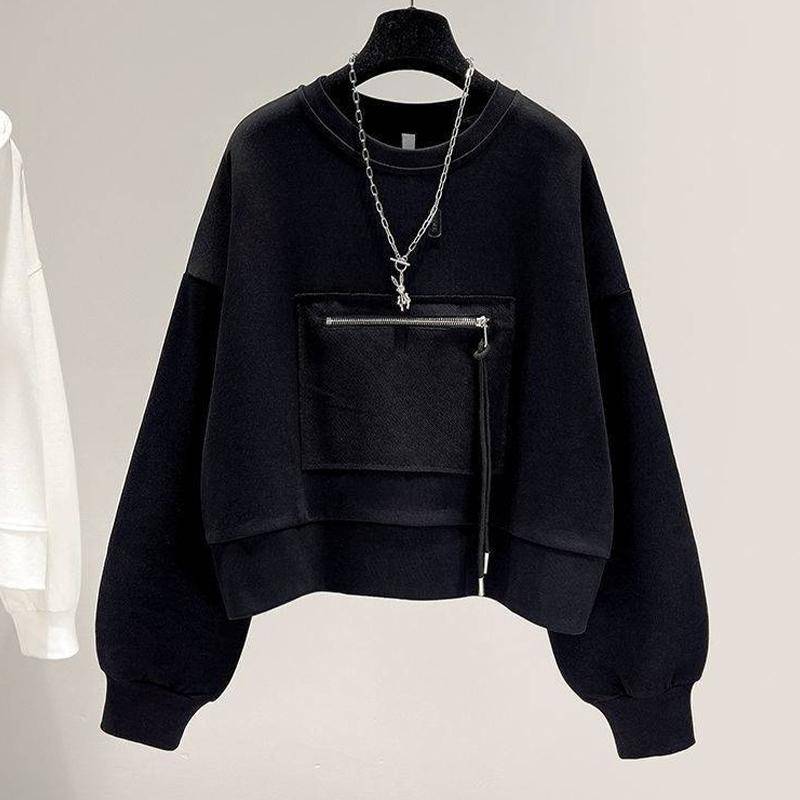 Kurzes Rundhals-Sweatshirt für Damen mit lockerem Reißverschluss und Taschenpullover und langen Ärmeln XXL schwarz von Joom DACH