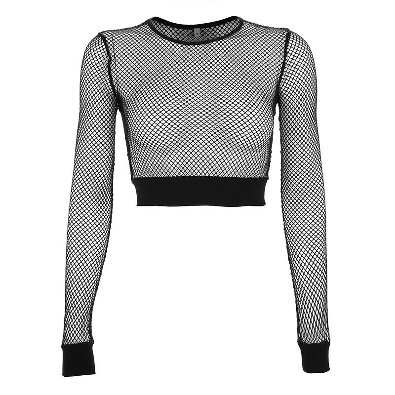 Kurzes Top für Damen, schwarzes Netz, aushöhlen, Langarm-T-Shirt, schlankes Tanz-Crop-Top-Shirt, Perspektive, Fischnetz-Tops L schwarz von Joom DACH